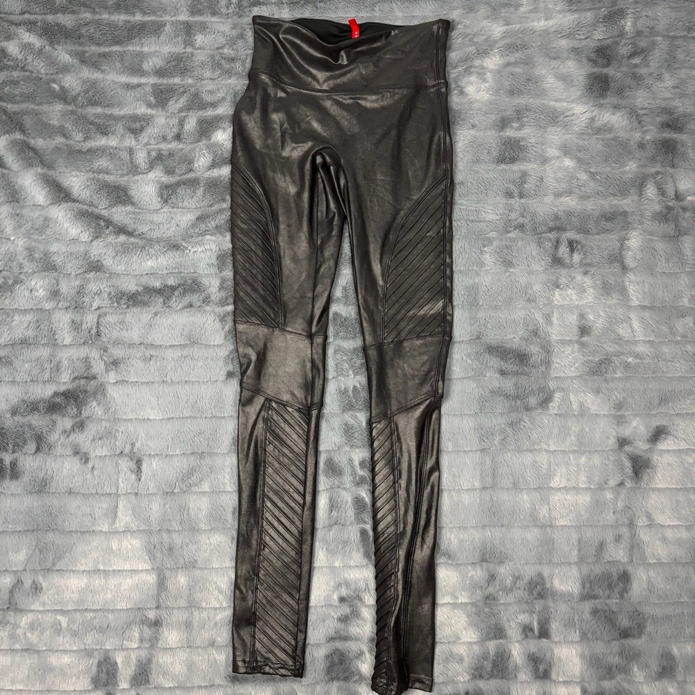 Spanx Faux Leather Moto Leggings Very Black XS High Waisted Ribbed Shaping Pant